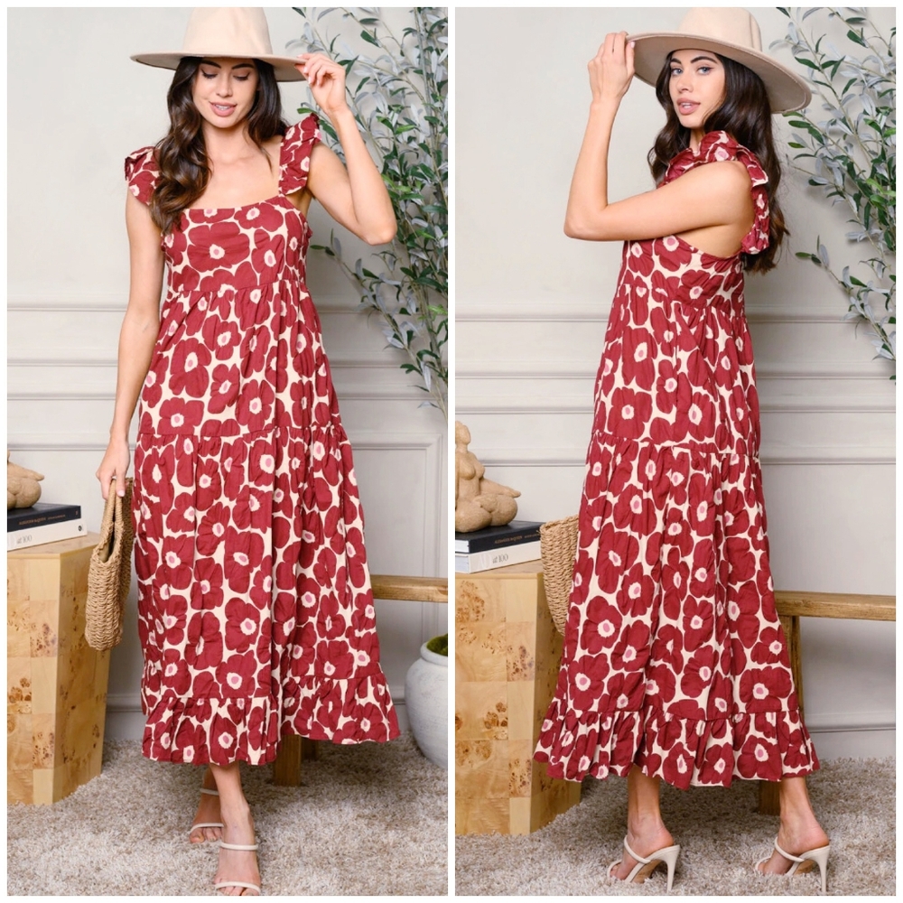 JACQUIE THE LABEL Boho Chic Burgundy Floral Tiered Maxi Dress - Picture 5 of 5